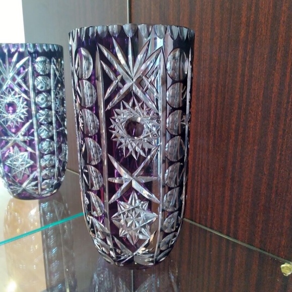 Bohemian Czech Burgundy Cut to Clear Dot Star Flower Vase